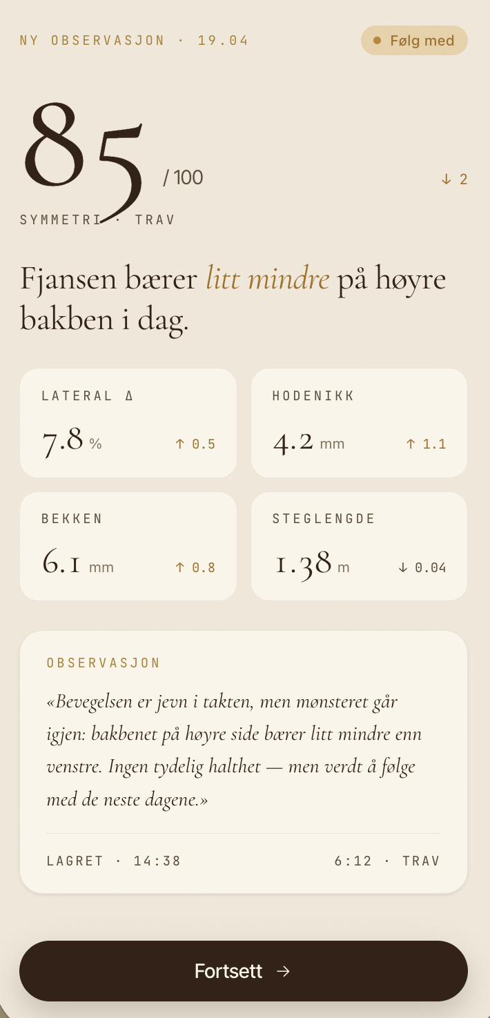 Rapport-skjermen i Hoofprint: symmetri 85/100 i trav, observasjon i serif italic om at Fjansen bærer litt mindre på høyre bakben