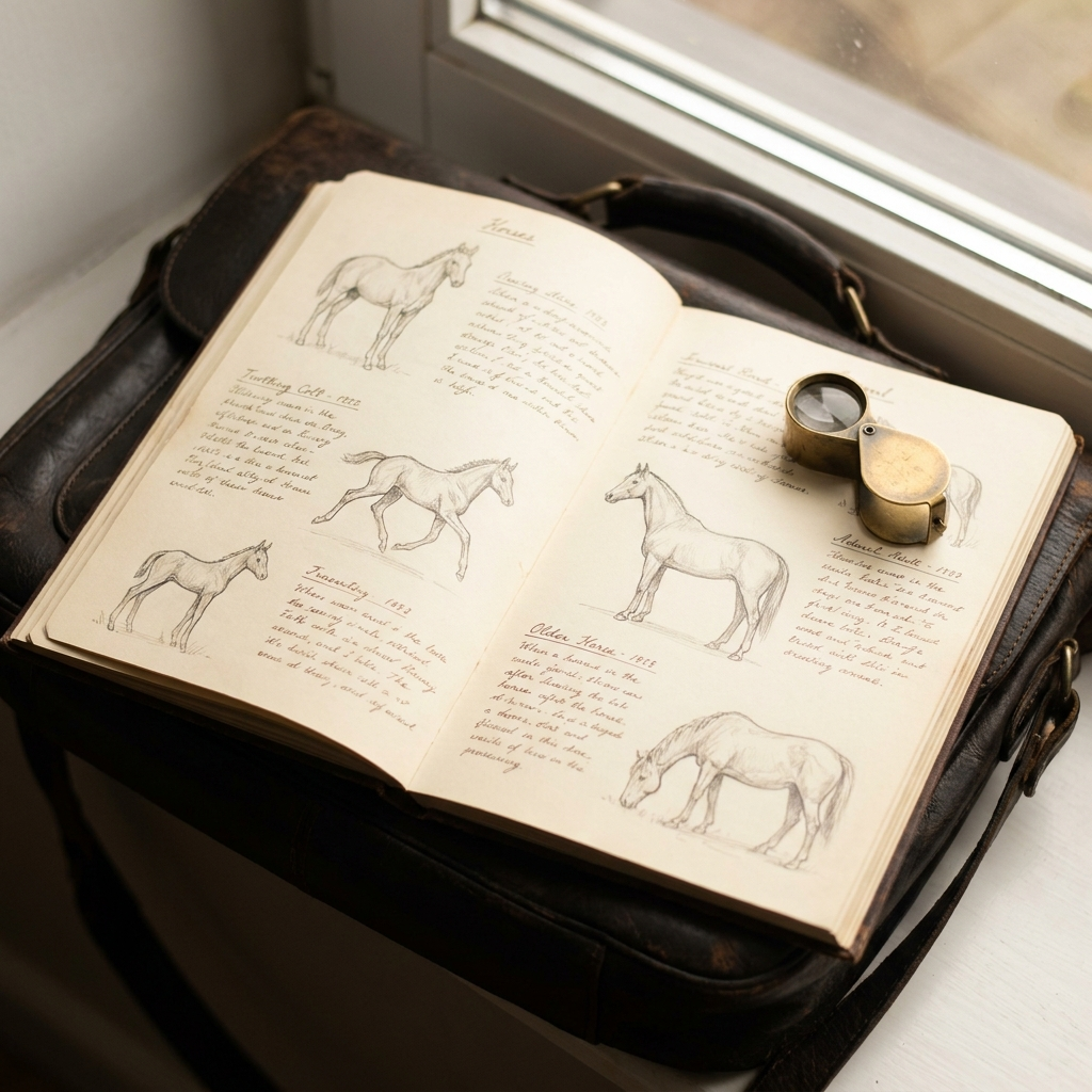 En åpen kremfarget feltjournal med håndskrevne notater og blyantskisser av en hest i ulike aldre, en messingloupe hviler på siden.