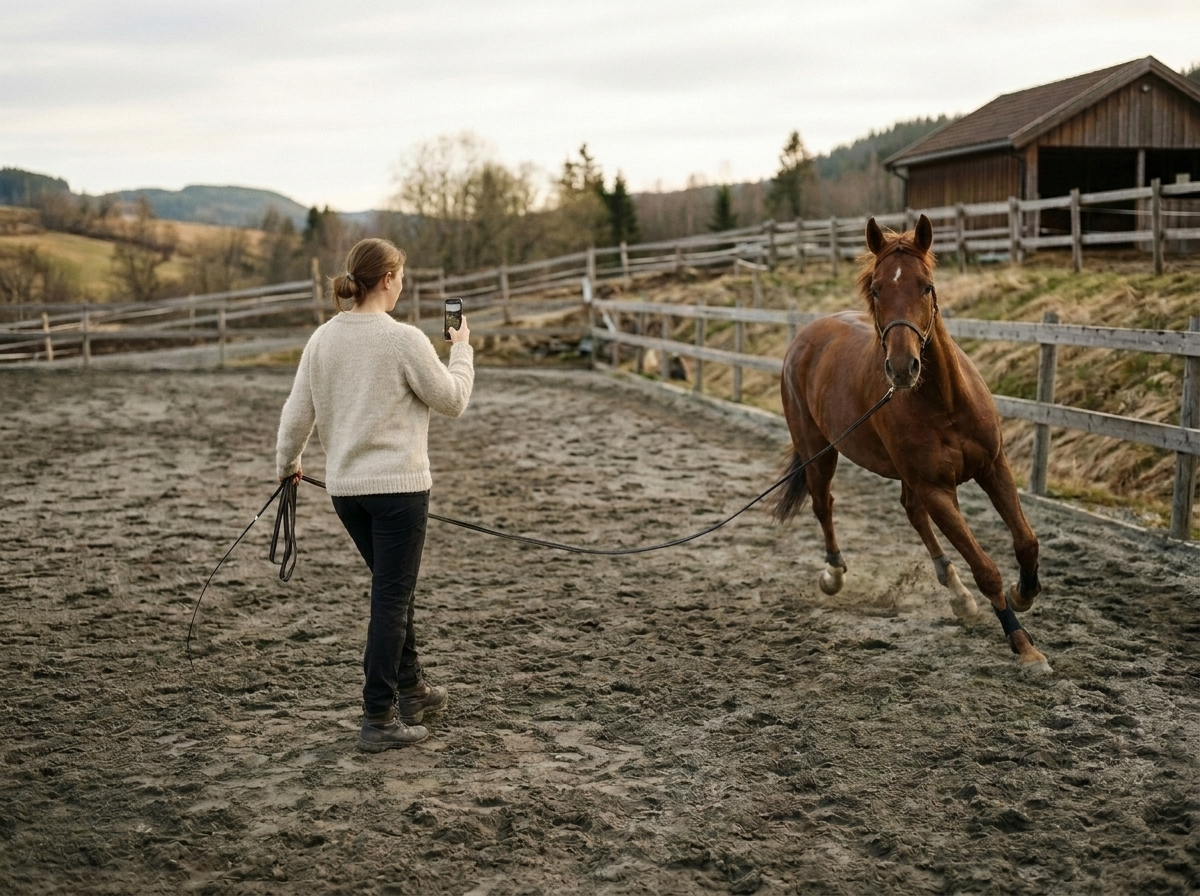 Person som holder mobilen og filmer hest som går rundt seg