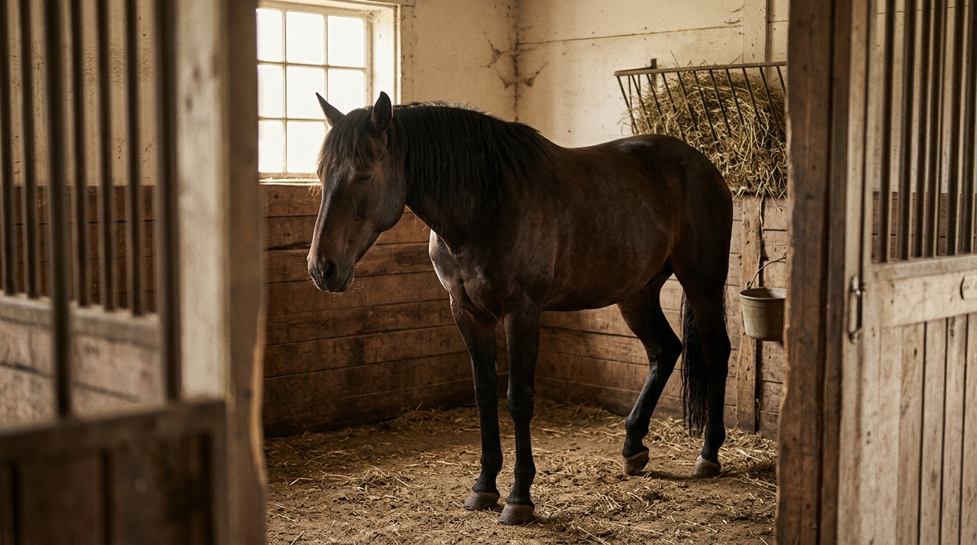 En mørk hest står i en stallboks, hodet noe senket, ett bakben hviler — et rolig observasjonsøyeblikk