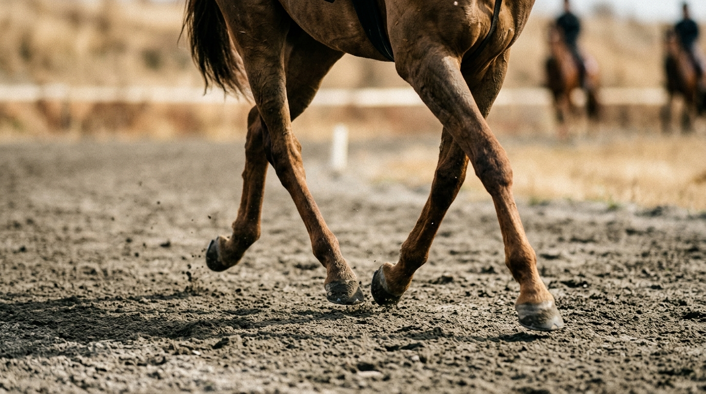 Tett kameraføring på beina til en hest i trav, diagonale benpar tydelig i takt mot sandunderlag