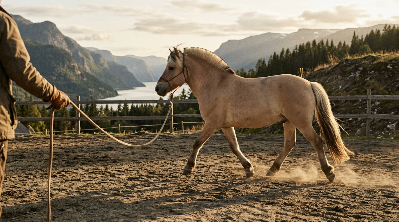 Hest i trav på sandbane, golden hour-lys, ett diagonalt benpar tydelig strukket fram