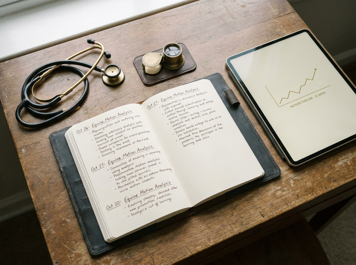 En klinikers arbeidsbord sett ovenfra: åpen lærinnbundet journal med håndskrevne notater, en messingloupe, et stetoskop og en tablet som viser en diskré bevegelsestidslinje.