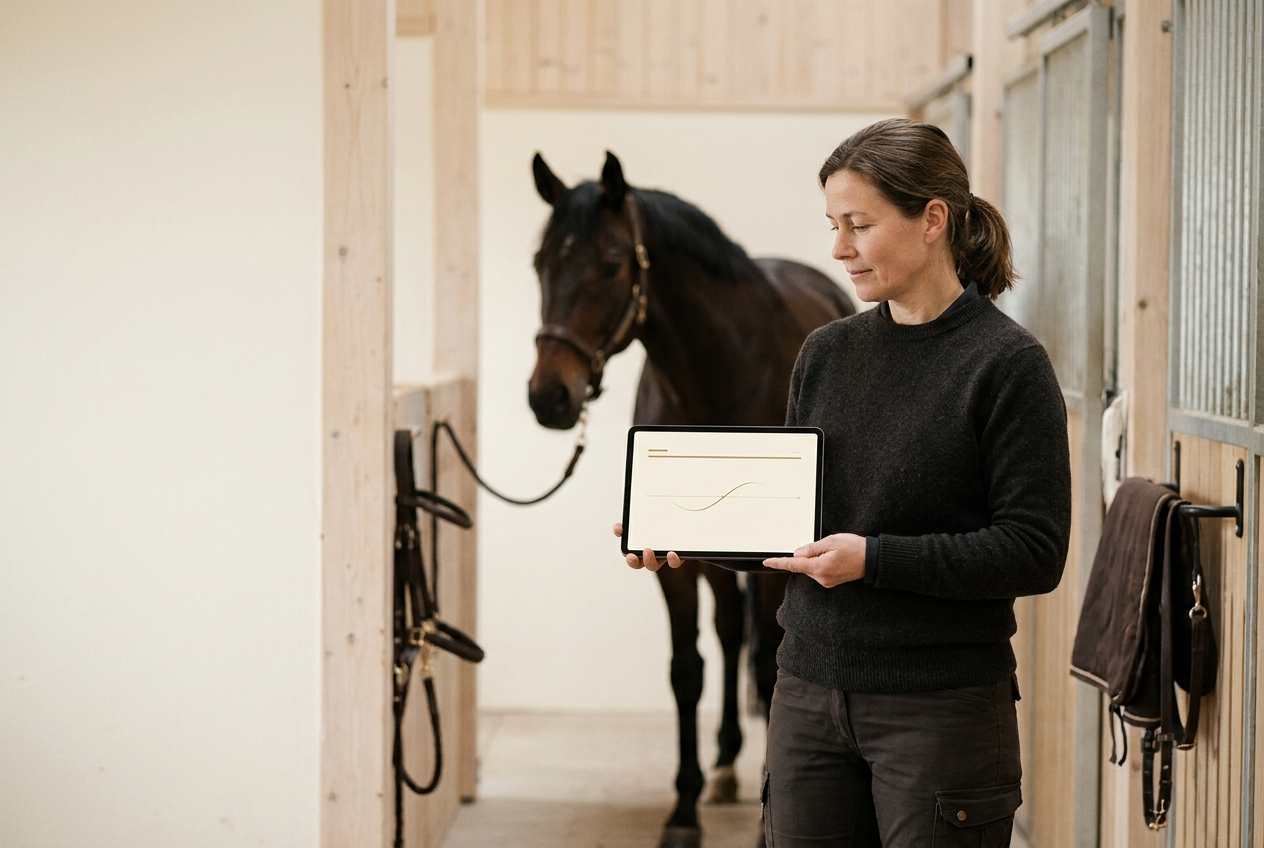 En skandinavisk hesteveterinær i stallgangen ser på en tablet med en diskré bevegelsestidslinje; en mørk hest står i mykt fokus i bakgrunnen.